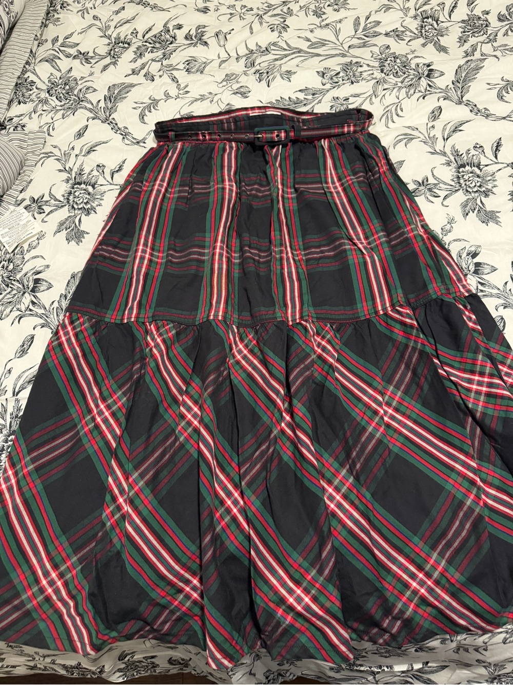 Tiered Plaid Midi Skirt in Black with Red & Green Stripes